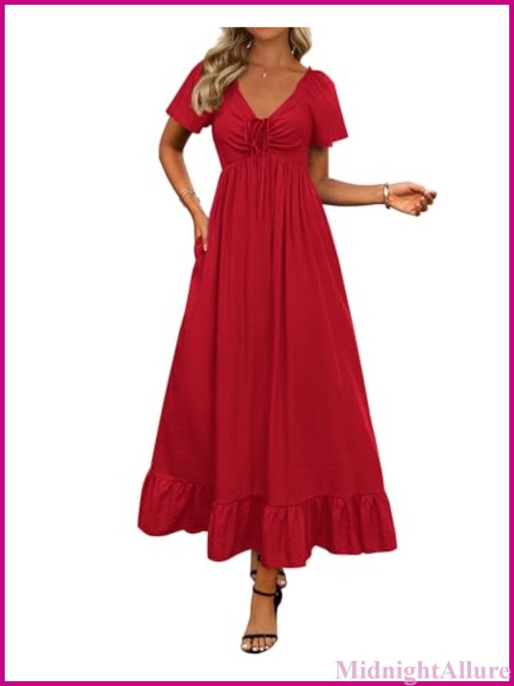Maxi Dress Smocked Back V-Neck Tiered Ruffle Short Sleeve Flowy A-Line
